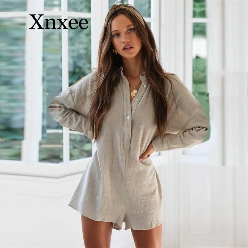 

Summer Gray Loose Summer Playsuit Overalls For Women Long Sleeve Casual Button Shirt Rompers Boho Beach Short Jumpsuit Outfits