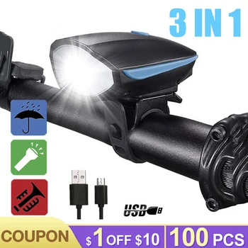 

3 in 1 Bike Lights Waterproof MTB Bicycle Horn Bell Electric LED Light USB Rechargeable Lamp Front Headlights Bicycle Light