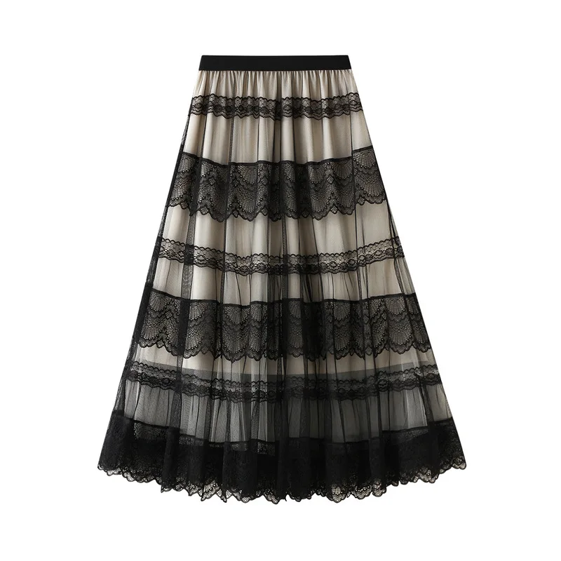 TIGENA אופנה תחרה טול ארוך חצאית נשים 2021 אביב קיץ אלגנטי קו גבוהה מותניים אמצע אורך רשת חצאית נקבה גבירותיי