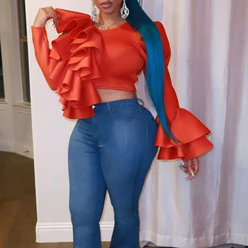 

Falbala Women Short Tops T-shirts Ruffles Party Club Tee Round Neck African 2020 Spring Red Slim Sexy Tops T-shirts Pullover