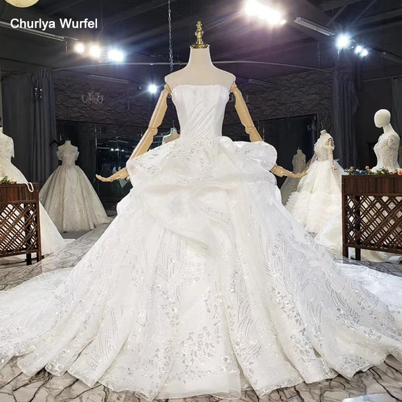 

HTL1595 Lvory White Custom Made Ruffles Wedding Dress 2020 Sequined Strapless With Sleeveless Ball Gown robe de mariée dentelle