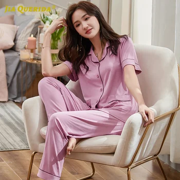 

Turn Down Collar Modal Pajamas Set Homesuit Homeclothes Sleepwear Casual Style Fashion Short Sleeve Long Pants Woman Clothes