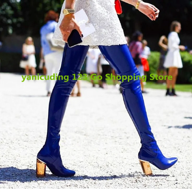 

2019 Patent Leather Women Boots Pointed Toe Transparent High Heel Back Zipper Long Booties Chic Over-The-Knee Boots Brand Hot