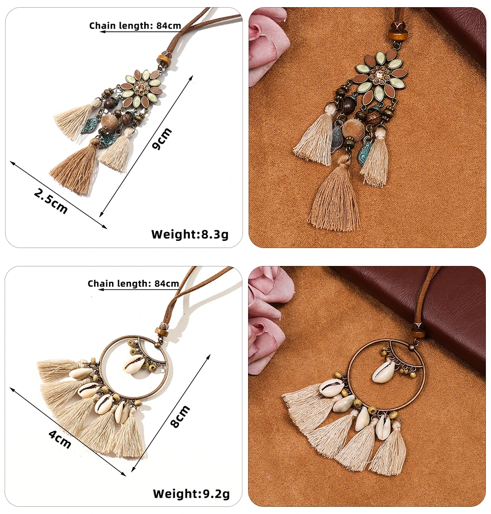 Boho Ethnic Long Sundry Colors Tassel Pendant Necklaces For Women Leather Rope Chain Sweater Women's Necklace Jewelry Gifts Accessories Wholesale Dropshipping (58)
