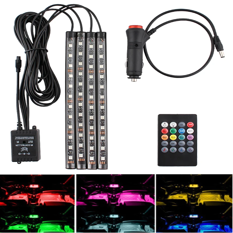 Car Interior DC 12V 4Pcs RGB LED Strip Light Multicolor Music Remote Control Under Dash Lighting Auto Decorative Kit strip | Лампы и
