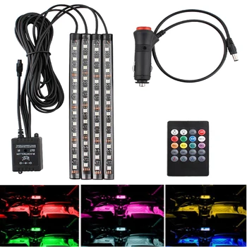 

Car Interior DC 12V 4Pcs RGB LED Strip Light Multicolor Music Remote Control LED Under Dash Lighting Auto Decorative Kit strip
