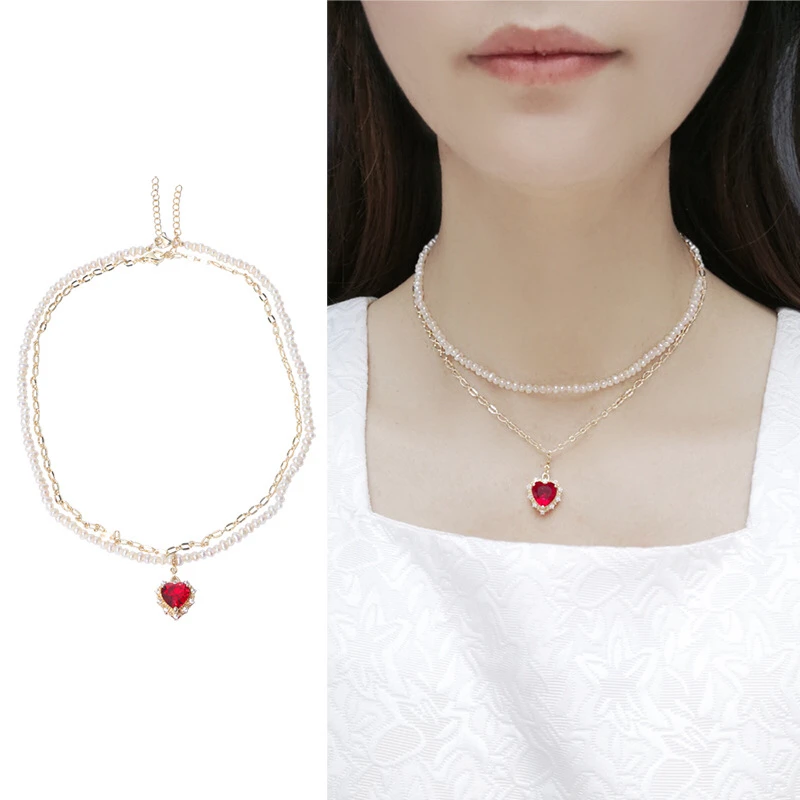 

TWO ROWS Red Heart with Freshwater Pearl Necklace Jewelry Anniversary Party Wedding Gift for Women Girls Female 2pcs/lot