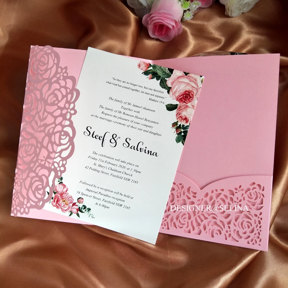 Invitación de boda de flores elegantes, invitaciones de bolsillo cortadas  con láser, color rosa, blanco y morado, para cumpleaños y despedida de  soltera - AliExpress, image size:1000x1000