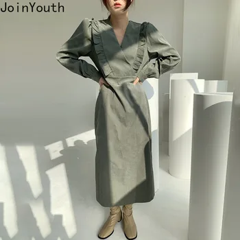 

Joinyouth Vintage V-neck Women Ankle Dresses Ruffle Long Sleeve Straight Dress 2020 New Korean High Waist Long Vestidos 56927