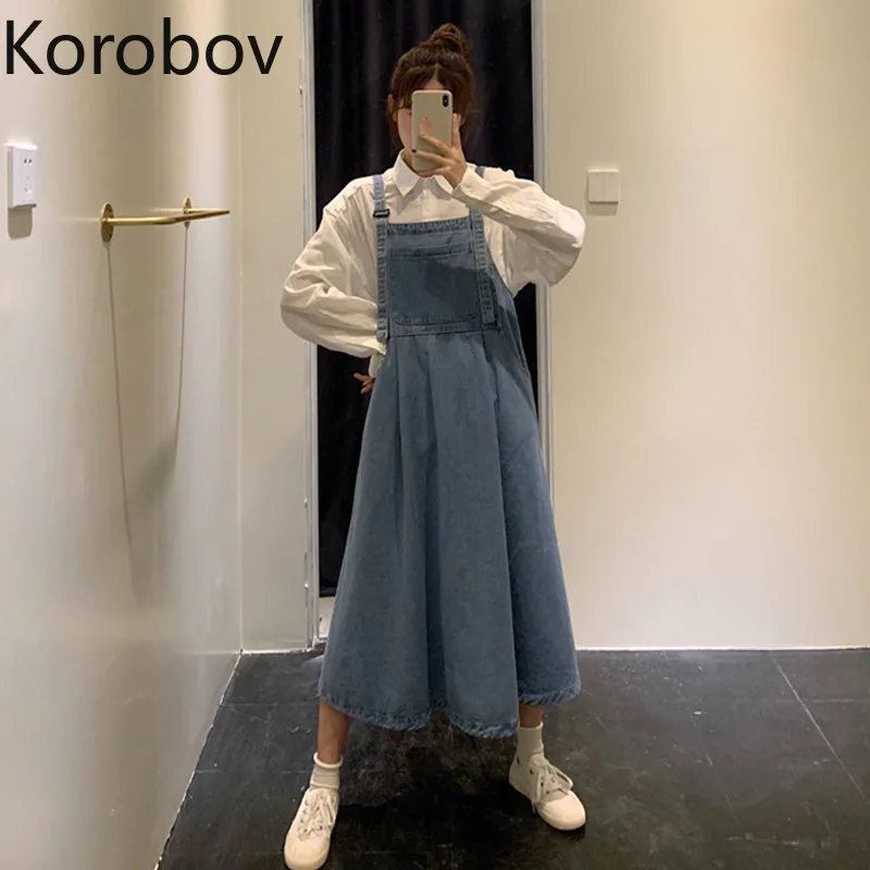 

Korobov 2020 Spring Summer Women Dress Preppy Style Pockets A-Line Female Dresses Korean High Waist Denim Vestidos 2a694