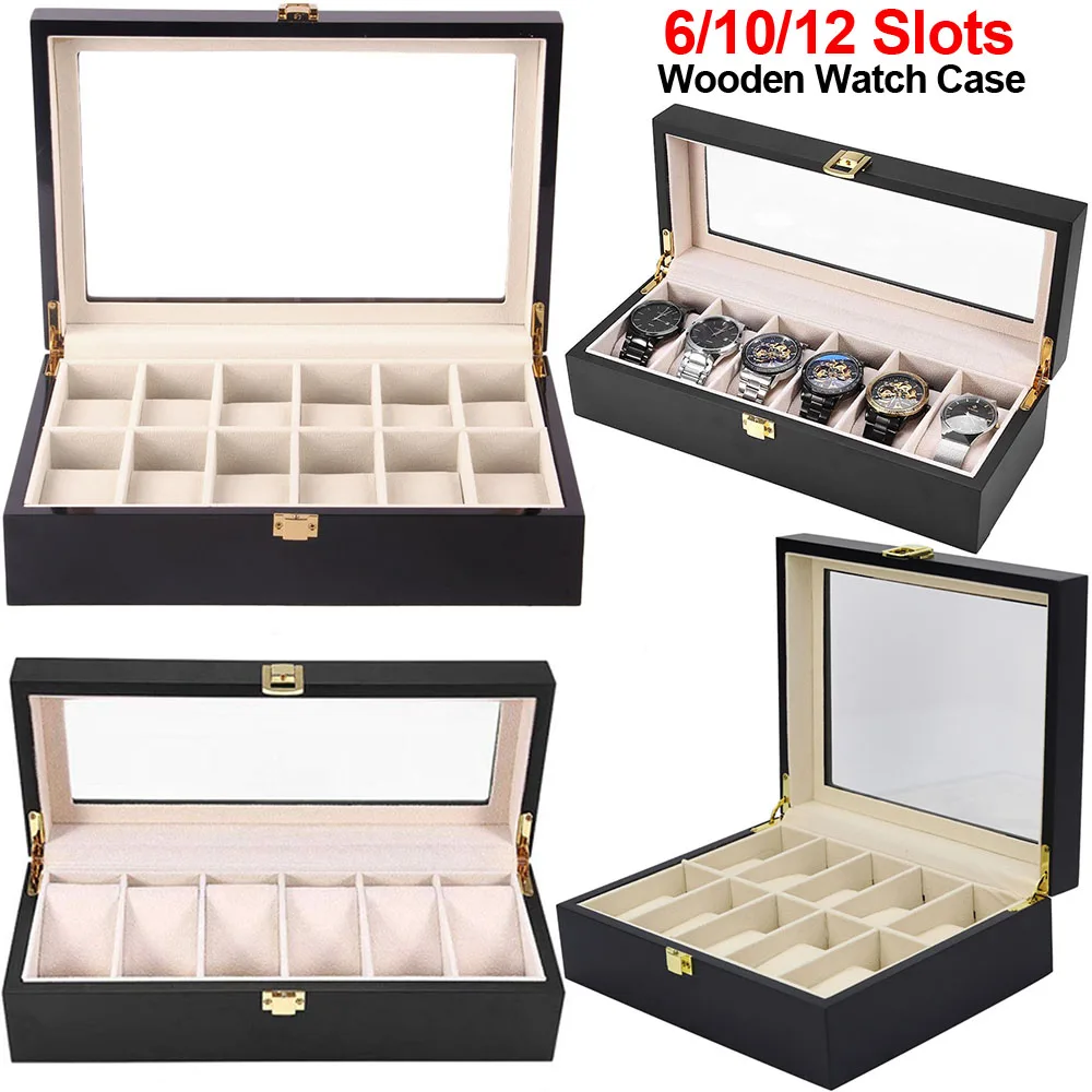 

6/10/12 Slots PU Leather Watch Storage Box Organizer Mechanical Mens Watch Display Holder Cases Black Jewelry Gift Boxes CaseQ30