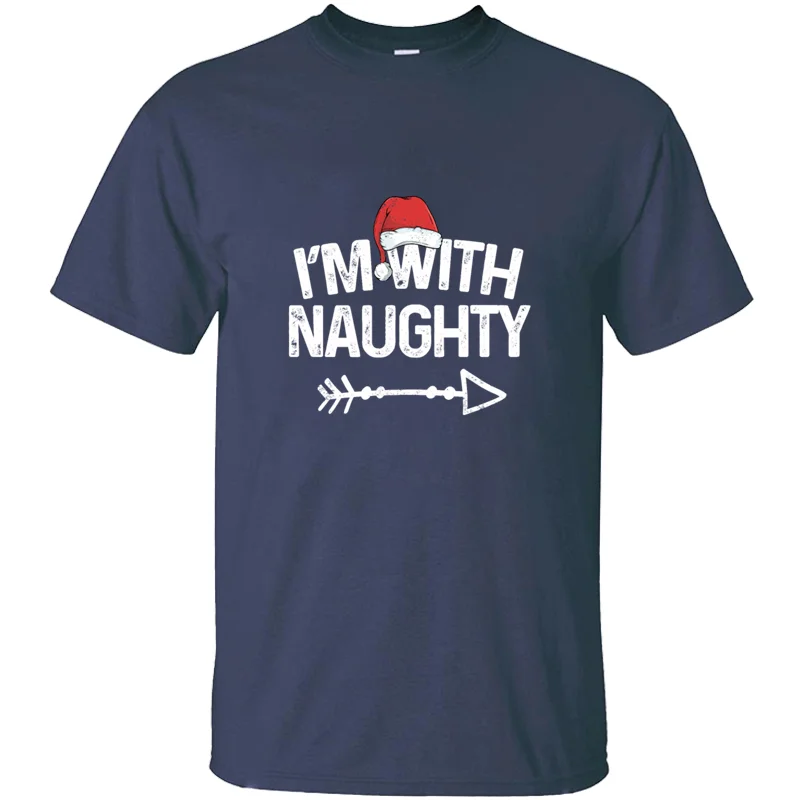 Забавная Рождественская футболка с надписью «I'm With Naughty» для пары, Мужская черная футболка, мужские хлопковые футболки с коротким рукавом