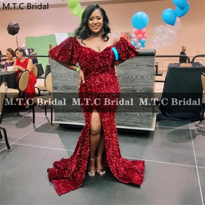 

Plus Size Burgundy Mermaid Long Evening Dress Side Slit Off The Shoulder Sparkly Sequins Black Women Wedding Party Gowns