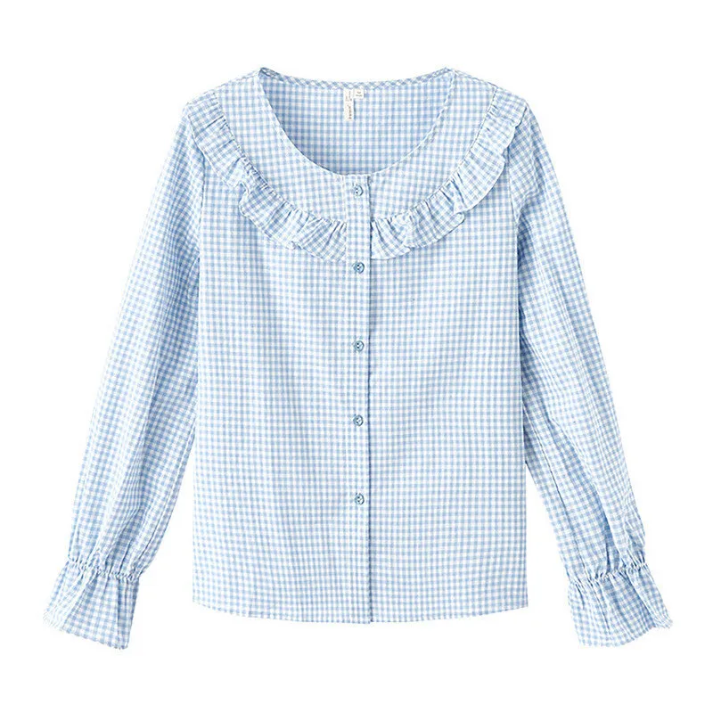 Light Blue INMAN Новое поступление Для женщин литературный хлопковая клетчатая рубашка из хлопка с кукольным с воротником, украшенным цветами, с пышной юбкой Блузка с длинными рукавами рубашка - Цвет: Light Blue