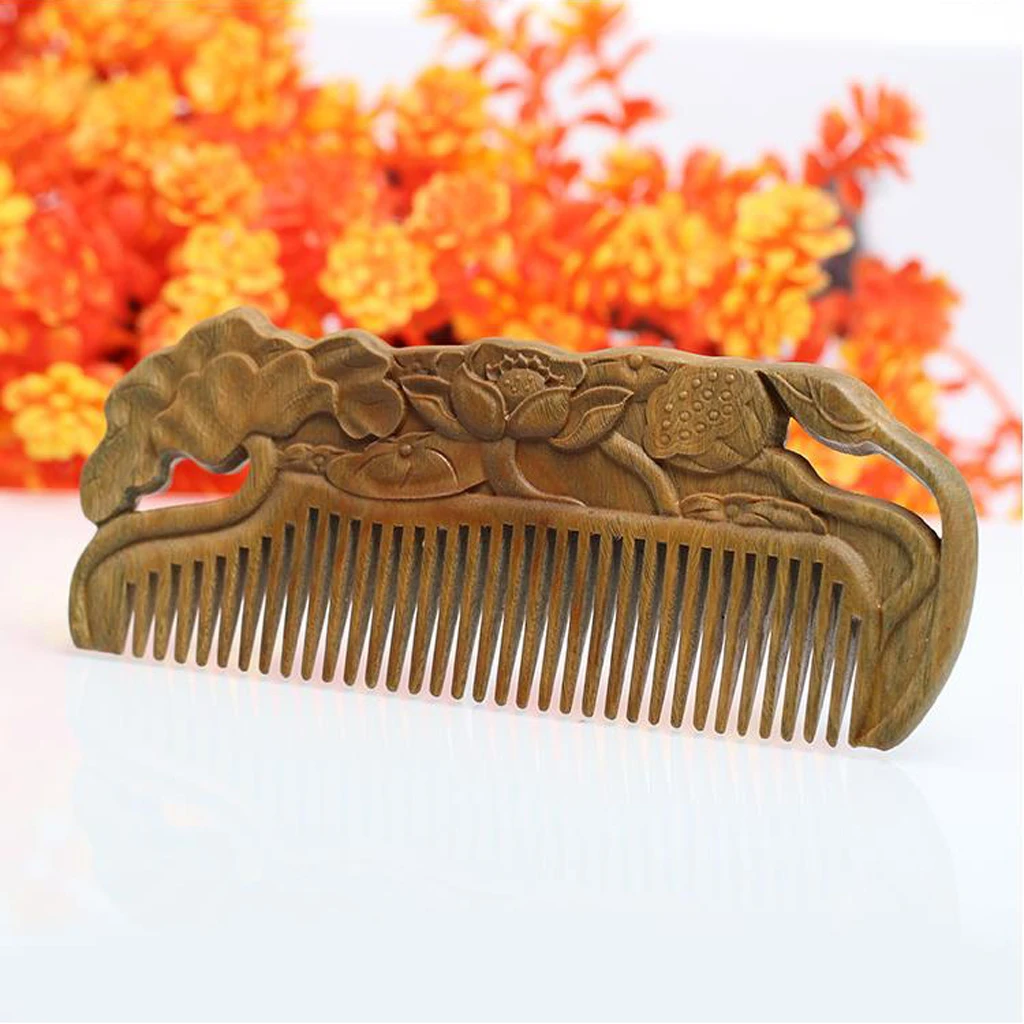 Antique Natural Sandalwood Lotus Styling Wood Comb Wide Teeth Anti-static Massage