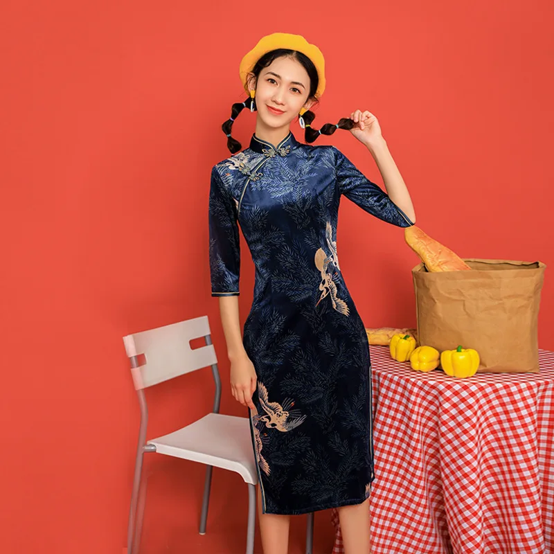 Cheongsam красное китайское традиционное платье Ципао с длинным рукавом китайское платье женское молодежное платье