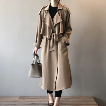 

Yeeloca Autumn Fashion Temperament Long Windbreaker Women's Casual Notched Loose Coat British Style Straight Black Khaki Coat
