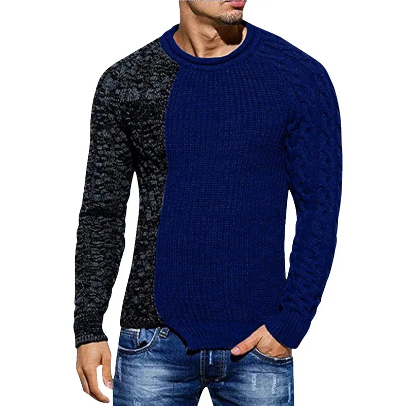 Мужские Лоскутные Свитера, Повседневный свитер контрастных цветов с круглым вырезом, повседневный осенний пуловер, вязанные свитера - Цвет: dark blue