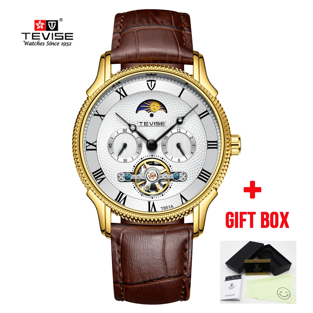 gold white TEVISE Relogio, автоматические механические часы со скелетом турбийоном, мужские наручные часы с кожаным подзаводом, Reloj Hombre, подарочная коробка - Цвет: gold white