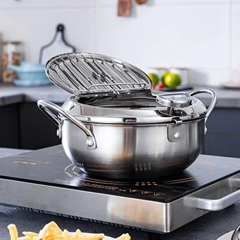 

Double Handle Multifunctional With Thermometer Lid Home Tempura Deep Fryer Carbon Steel Oil Drip Rack Cooking Tool Restaurant