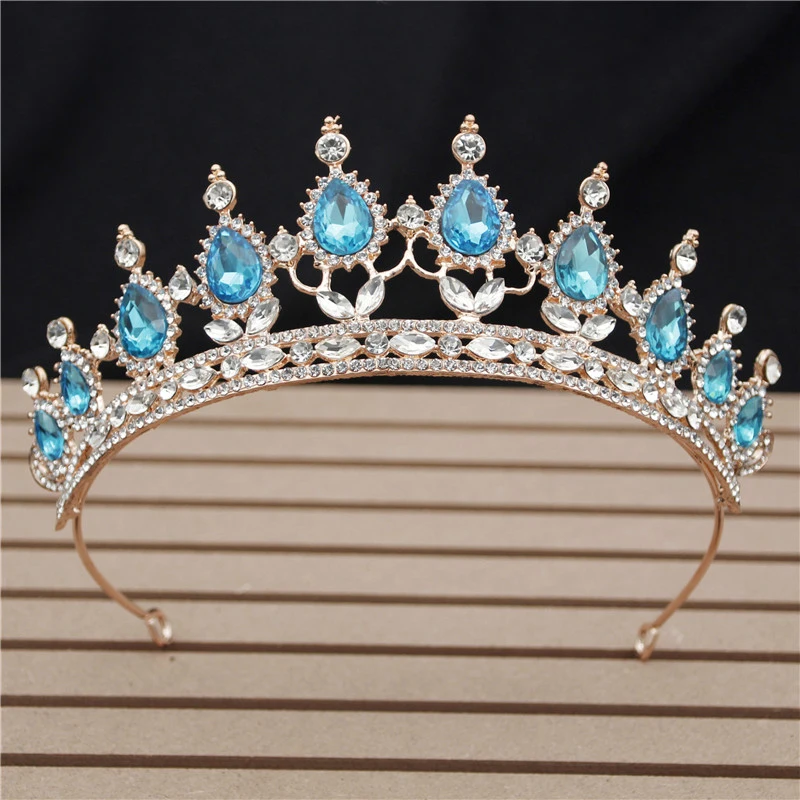 Новая модная повязка на голову, маленькие диадемы и короны с синими кристаллами в стиле барокко для женщин и девушек, свадебные украшения для волос, аксессуары - Окраска металла: Gold Light Blue