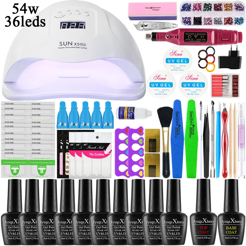 54W choose 10 color 84/54/24 Вт лак для ногтей УФ-гель лак маникюрный набор для маникюра Комплект 10/18 Цвет гель Лаки комплект Фрезер для ногтей, сверлильный набор пилка для ногтей инструмент комплект гель-лака - Цвет: 54W choose 10 color