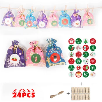

24Pcs Linen bag DIY Xmas Pattern Advent Calendar Candy Hanging Holiday