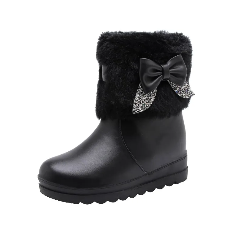 Женские ботинки зимние теплые ботильоны на среднем каблуке с круглым носком из кроличьей шерсти пикантные модные повседневные ботинки из искусственной кожи, увеличивающие рост - Цвет: black
