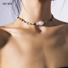 SHIXIN Бохо маленькое разноцветное ожерелье из бисера для женщин неправильное жемчужное женское колье, чокер Лето короткий бисерный Воротник Подарок