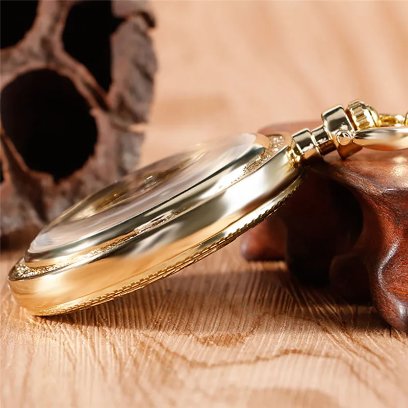 Luxury Yellow Gold Pocket Watch Unisex Handwind Mechanical Watches Skeleton Clock Open Face with Pendant Chain Relgio De Bolso