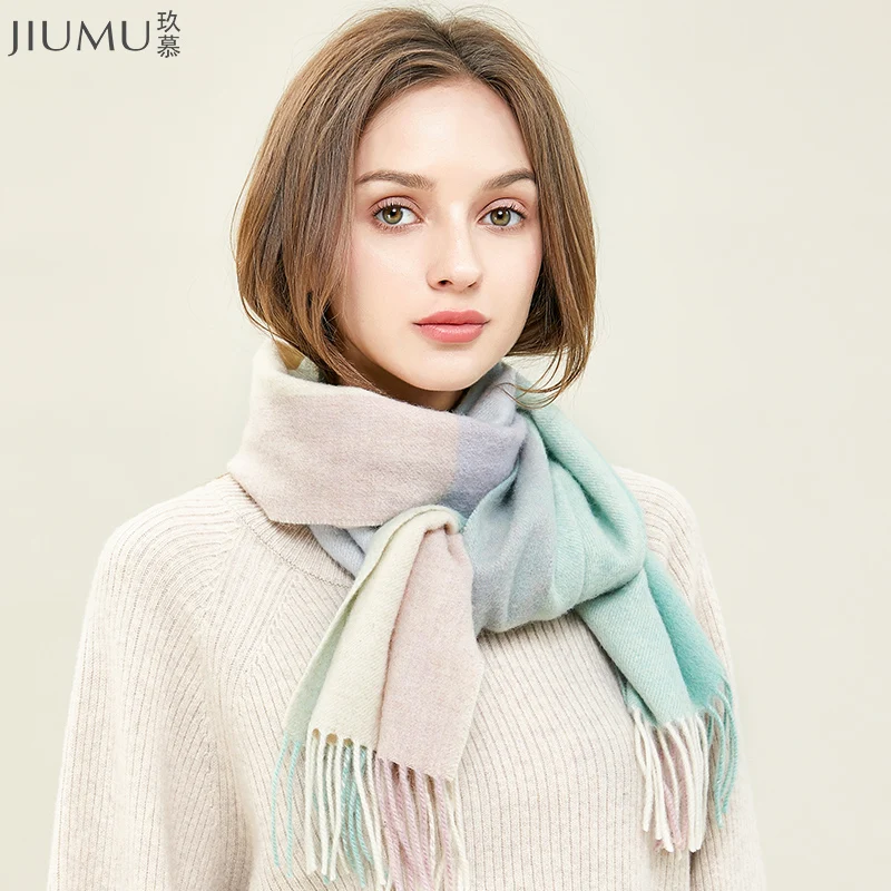 JIUMU шерстяной шарф женский модный клетчатый шарф Зимний толстый теплый роскошный бренд высокого качества теплые кашемировые кисти шарфы подарок