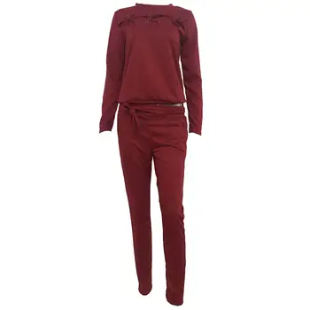 

2Pcs Women Tracksuit Cut Out Lace Up Sweatshirt Pants Solid Color Sport Outfit