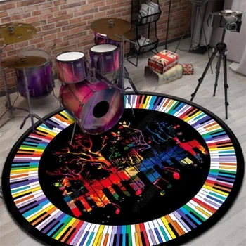 

Fashion Retro Music Round Area Rug Multicolor Piano Button Print Non-Slip Floor Mat Kids Bedroom Bedside Play Tent Circle Carpet