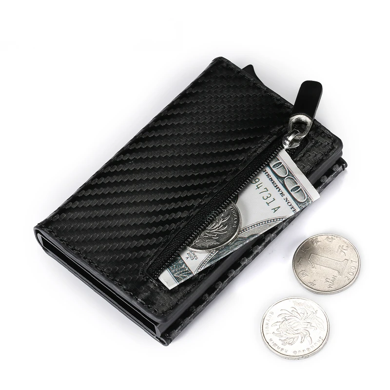 

2020 Credit Card Holder New Aluminum Box Card Wallet RFID PU Leather Pop Up Card Case Magnet Carbon Fiber Coin Purse
