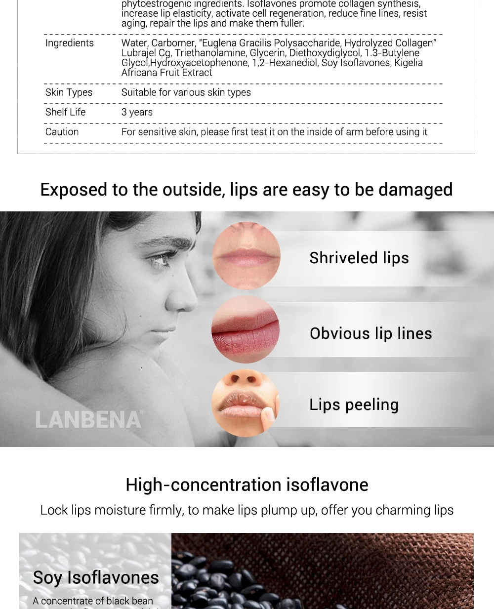 LANBENA Lsoflavone, сыворотка для ухода за губами, маска для губ, повышающая эластичность губ, Восстанавливающая увлажняющая маска для губ