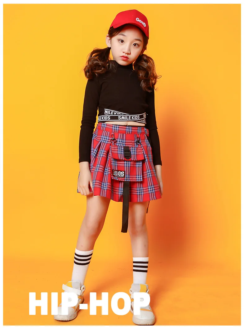 2 Pcs Sets Girls Crop Top Tartan Mini Skirt Jazz Plaid Culottes Hip Hop Child Clothes Pantskirt Kids Sweatshirt Street Dance baby clothing sets girl