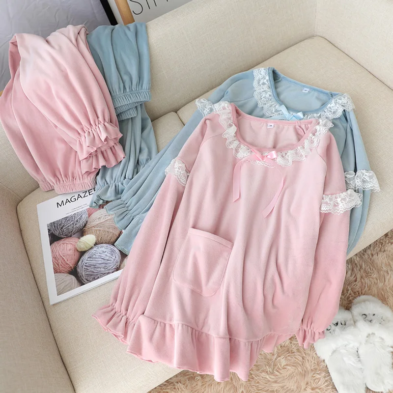 

Princess Island Velvet Pajamas Women Winter Thin Flannel Pajama Set Korean Lace Sweet Cute Plus Size Christmas Home Sleepwear