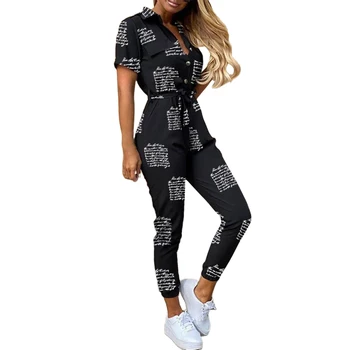 

2020 Letter Print Jumpsuit Women Summer Deep V-Neck Button Shirt Overalls Short Sleeve Office Lady One PC Romper Belt