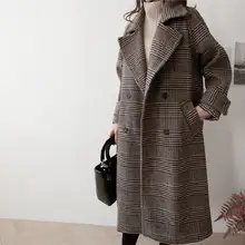 Осенне-зимнее толстое длинное шерстяное пальто в клетку для женщин, свободный Тренч в ломаную клетку, Женское пальто размера плюс