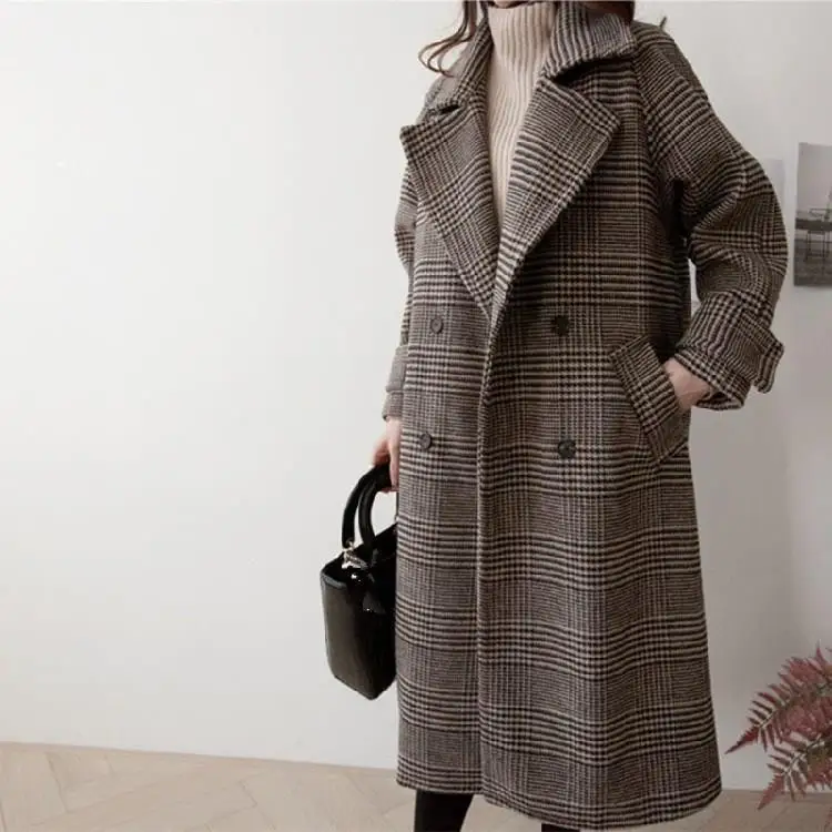 

2019 Autumn Winter Thick Plaid Long Woolen Coat Women Houndstooth Loose Trench Female Plus Size Overcoat