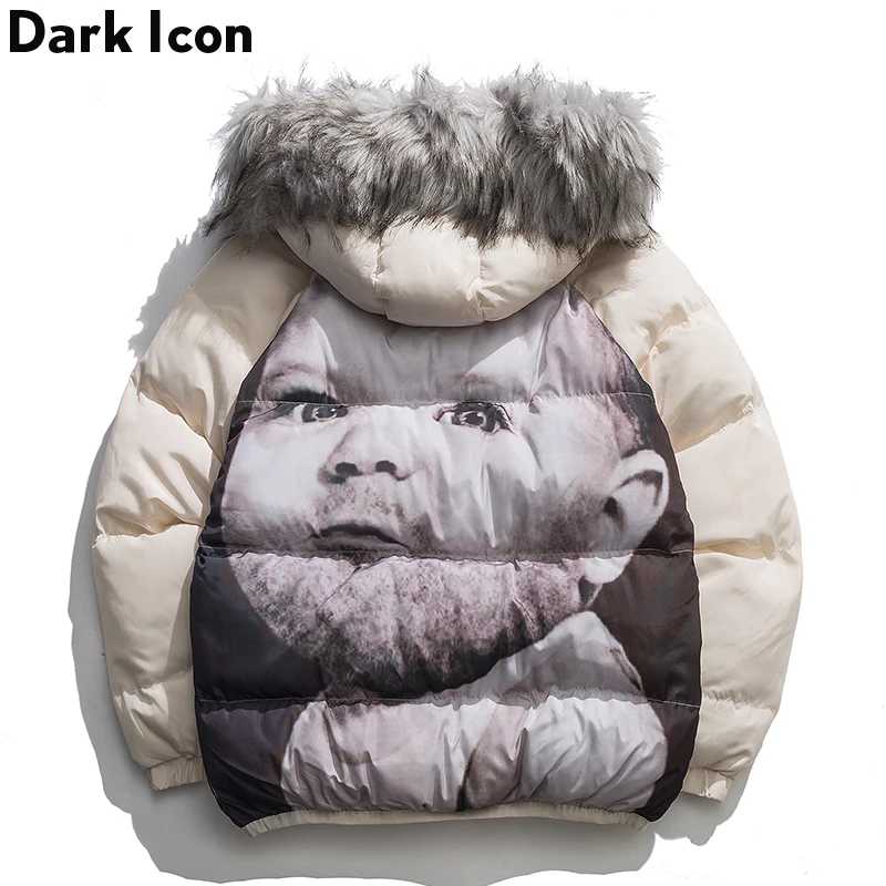 

Dark Icon Baby Printed Men’s Jacket With Hoodie Thick Warm Outwear Coats Winter Jackets For Man Streetwear