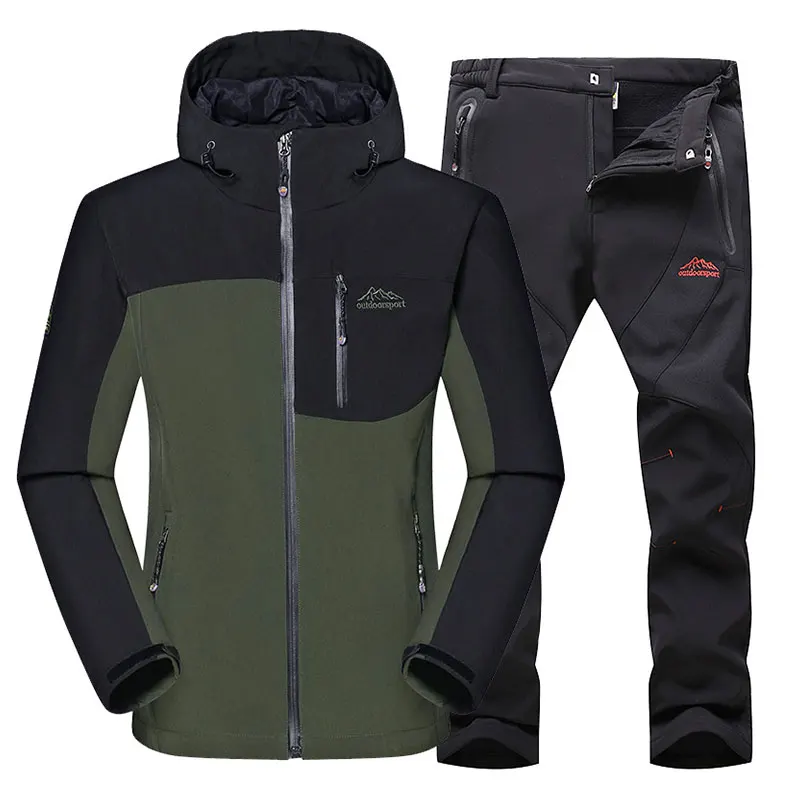 Green-Black-Sui MAZEROUT для мужчин 5XL для кемпинга, зимней рыбалки, кемпинга, походов, походов на открытом воздухе, походные брюки для альпинизма, лыжного спорта, флисовые брюки, зимняя куртка - Color: Green-Black-Sui