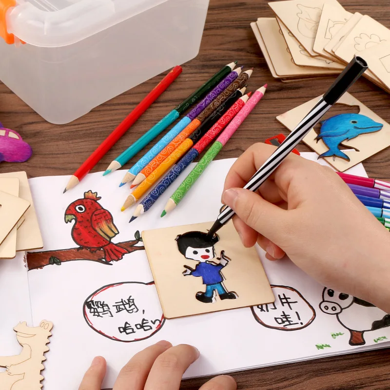 55 шт. обучение маленьких детей DIY Окрашенные комбо Забавный граффити; Раскраска развивающая игрушка деревянная рисование