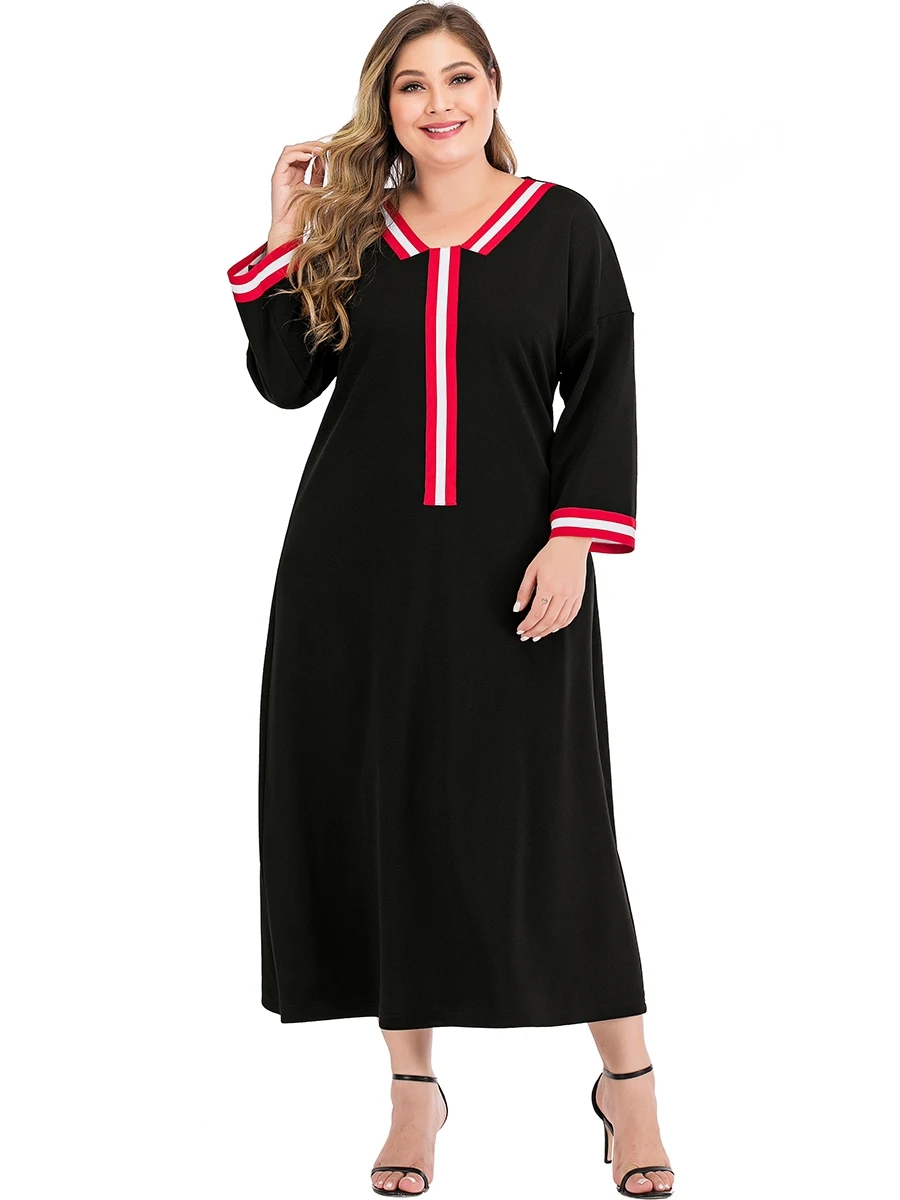 Siskakia женские миди платья размера плюс, модное милое Полосатое лоскутное платье с длинным рукавом, Элегантное Черное Осеннее платье - Color: balck dress