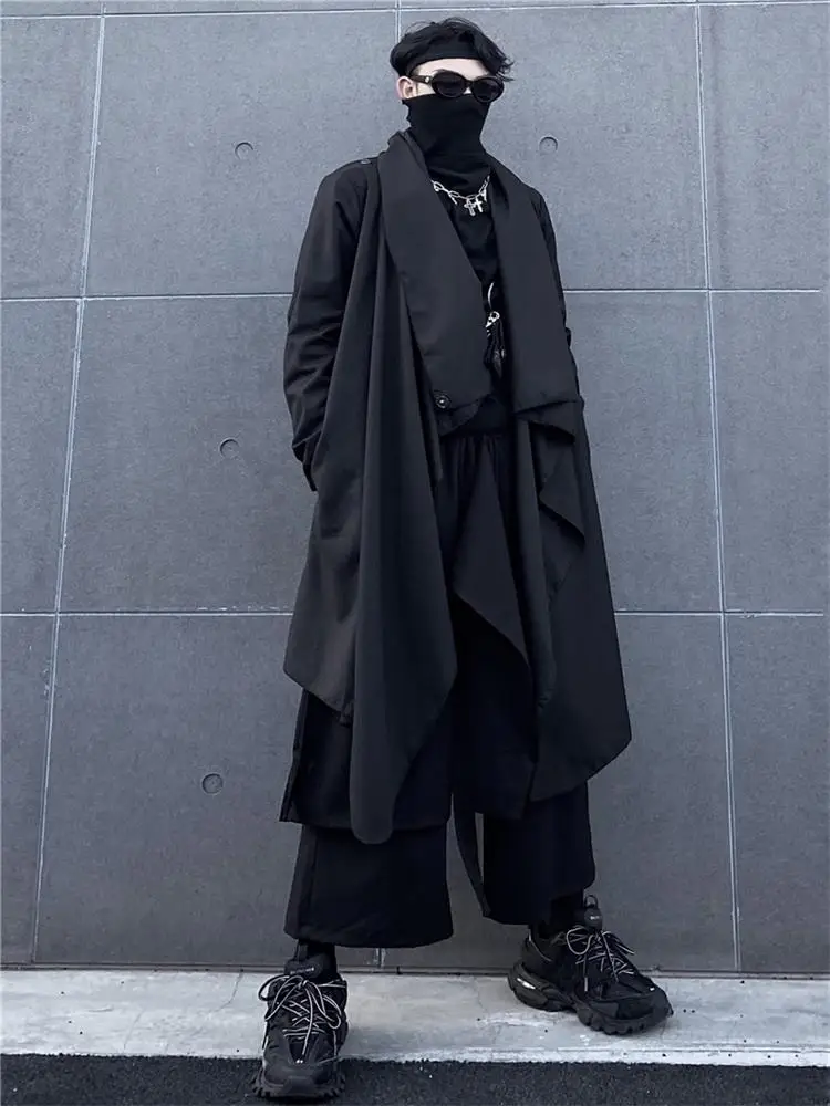 Men's new singer dark loose over the knee long windbreaker Japanese irregular design style fall collar coat coat