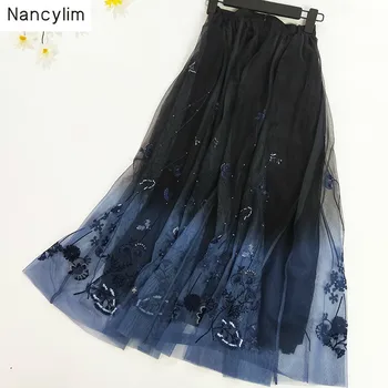 

Hand Beaded Gradient Mesh Skirt Women Summer Autumn High Waist Embroidered Skirt Girls Ladies Mesh Skirts Nancylim Brand