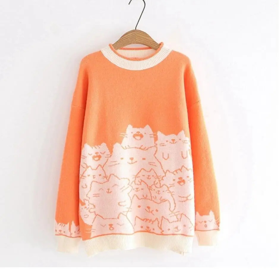 Свитер с круглым вырезом и рисунком котов; женская S28798-AQ - Цвет: orange