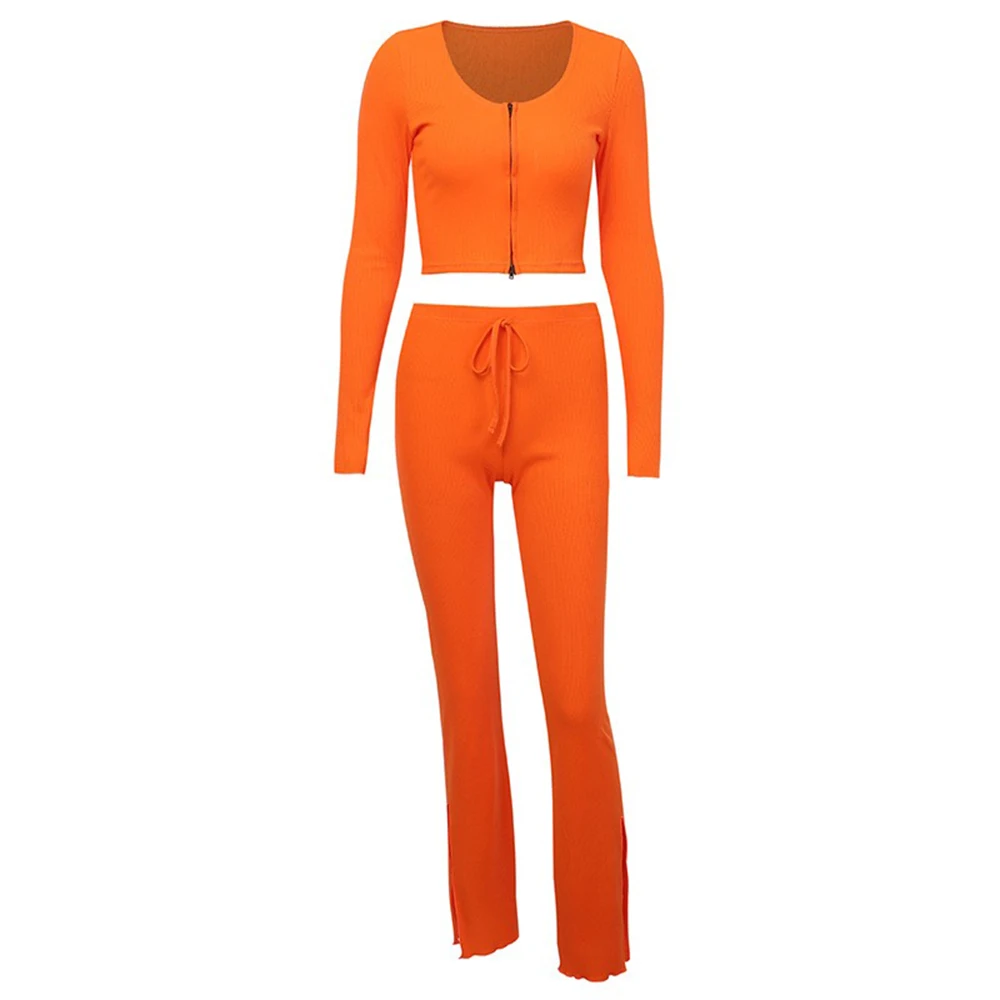 

CINESSD women's double zipper split sports and leisure suit winter and spring solid color exposed waist sexy slim two-piece suit