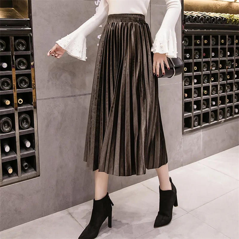 YY8026Dark brown Осенняя Женская плиссированная юбка с высокой талией, винтажная однотонная бархатная юбка, повседневная Корейская Женская Офисная Юбка-миди, большие размеры - Цвет: YY8026Dark brown