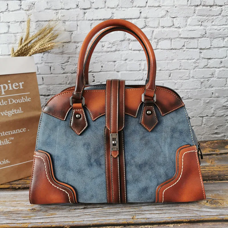 Винтажная женская сумка из натуральной кожи в стиле пэчворк, роскошная женская сумка на плечо из воловьей кожи, большая Вместительная дорожная сумка-тоут с ручкой сверху - Цвет: Синий